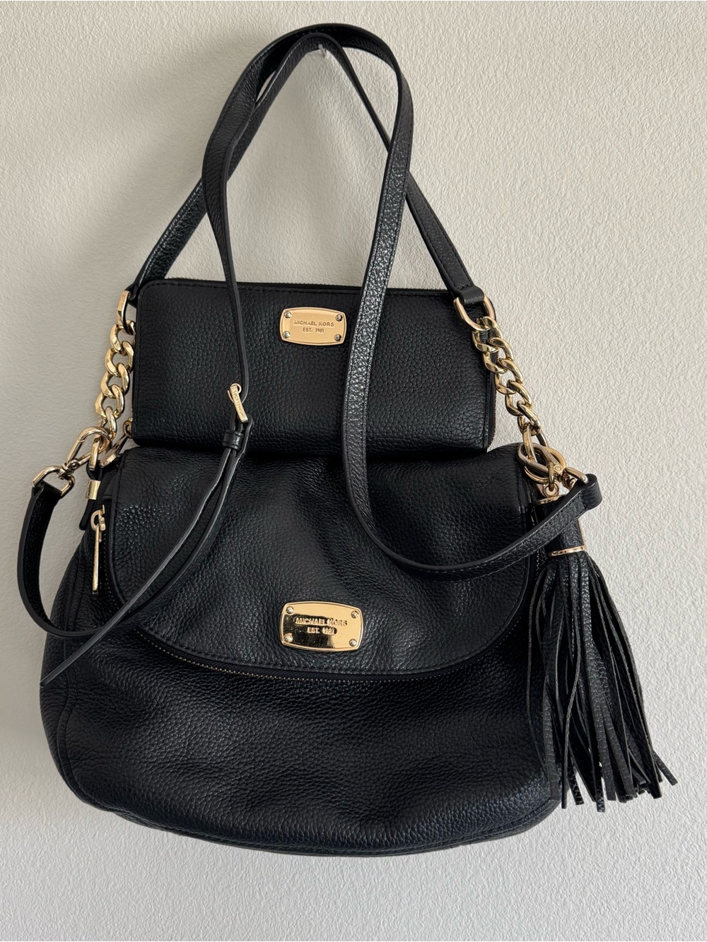 Michael Kors Bedford Black Pebbled Leather Crossbody Bag & Matching Wallet Set